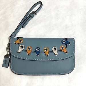 Coach 1941 Colorblock Linked Leather Wristlet Clutch Steel Blue Multicolor